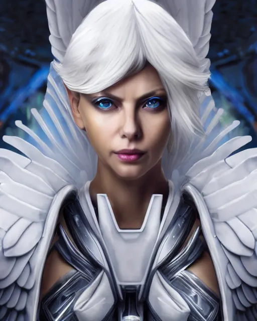 Prompt: perfect white haired attractive egyptian goddess with huge white dove wings, warframe armor, beautiful, symmetric, charlize theron, half asian, pretty face, blue eyes, cyborg, scifi platform, laboratory, experiment, 4 k, ultra realistic, epic lighting, android body, illuminated, cinematic, masterpiece, art by akihito tsukushi, voidstar
