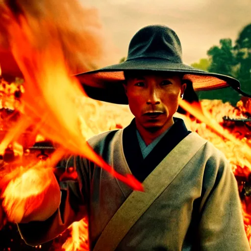 Image similar to cinematic film still Pharrell Williams starring as a Samurai holding fire, Japanese CGI, VFX, 2003, 40mm lens, shallow depth of field,film photography