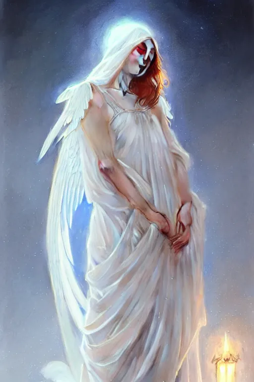 Image similar to Angels in white gauze dresses, the glow of the moonlight, fantasy, intricate, elegant, highly detailed, digital painting, artstation, concept art, matte, sharp focus, illustration, art by Artgerm and Greg Rutkowski and Alphonse Mucha