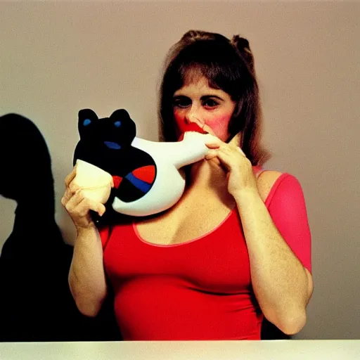 Image similar to 1976 woman wearing an inflatable plastic nose, soft color, wearing a leotard 1976 holding a hand puppet, color film 16mm Almodovar John Waters Russ Meyer Doris Wishman old photo