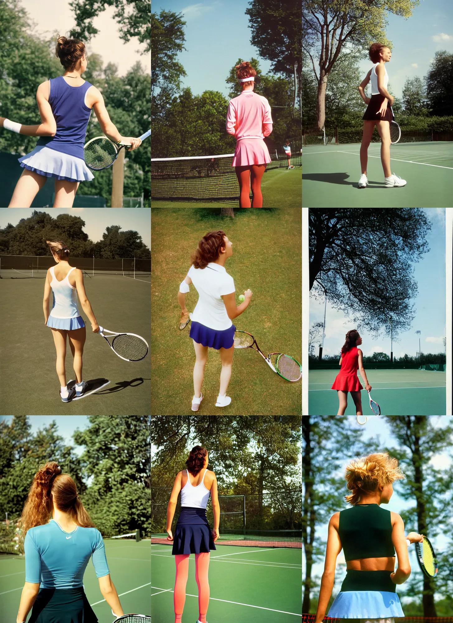 Prompt: A woman, tennis wear, hair, tights, sky, tree; on the tennis coat, summer; 90's professional color photograph, close up, view from behind,