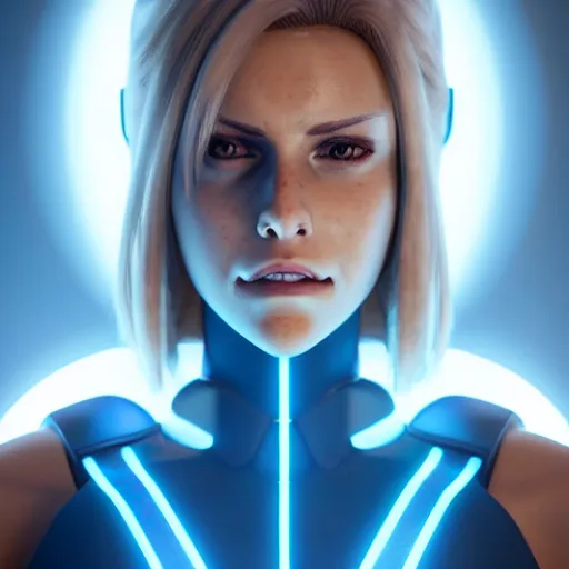 Prompt: Annie Leonhart in a Tron movie, octane render 8k, photorealistic render, atmospheric render, beautiful face, cute, realistic skin, beautiful eyes