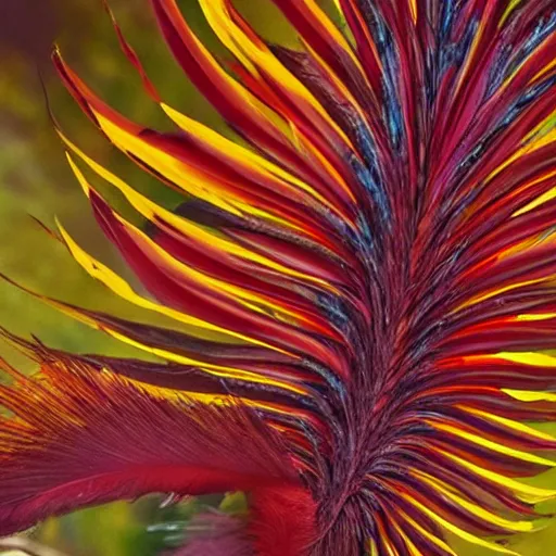 Image similar to closeup photo a bird of paradise, covered in feathers. extremely large wings. extreme detail, hyperrealistic photo, gloomy