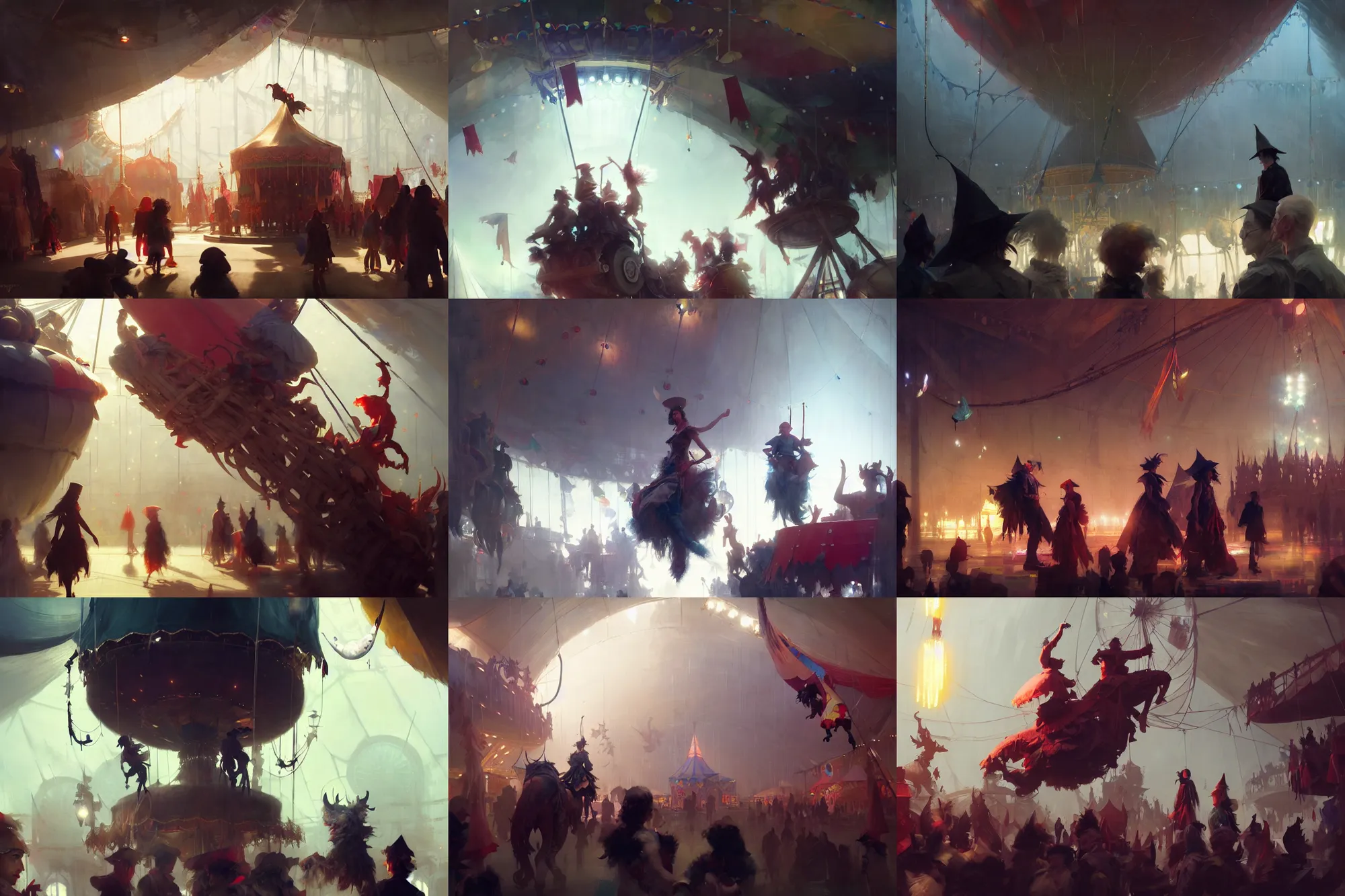 Prompt: close up group of friends exploring the witchlight carnival, big top circus tent, highly detailed, digital painting, concept art, matte, art by ruan jia and wlop and greg rutkowski and makoto shinkai, masterpiece