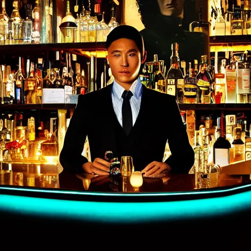Image similar to portrait of a male bartender, chinese, cyborg, muscular, slick black hair, robotic arms, navy mao suit, light blue ascot, monocle, in a bar lit by gold and silver neon lights, john singer sargeant