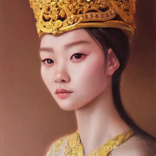 Image similar to hyper realism portrait of Princess by Zhong, Fenghua Klimt, Gustav, stunning, detailing, artstation trending, perfect lighting, golden hour, face detailing