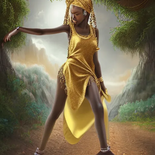 Prompt: fantasy concept art matte painting of teenage african female dressed in long gold silk robes with ornate patterned stitching and a metallic teal headband, silver sandals stands on a dirt track crossoads carrying a silver ball with a thin long silver chain