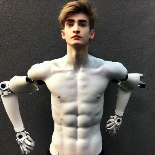 Image similar to “a realistic detailed photo of a guy who is an attractive humanoid who is half robot and half humanoid, who is a male android, twitch streamer Ninja Tyler Blevins, shiny skin, posing like a statue, blank stare”