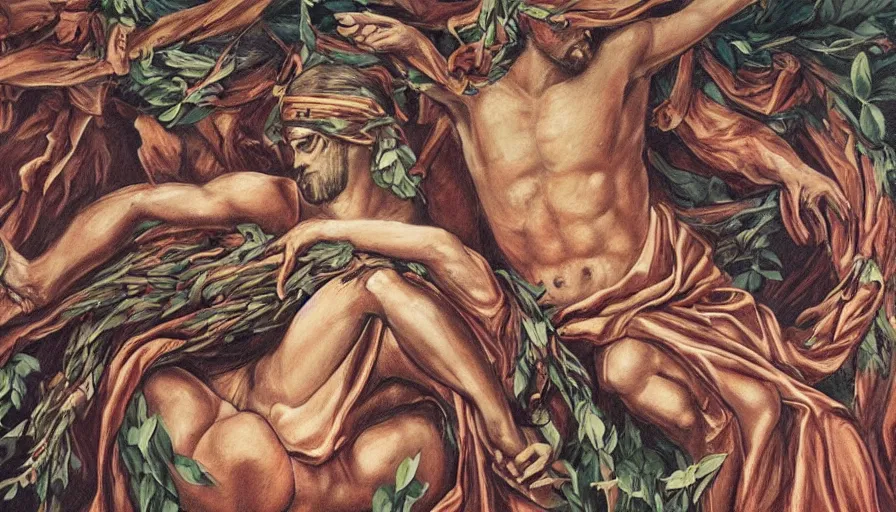 Image similar to mural of blindfolded!!!! jesus christ surrounding by entwined bodies, holding a cornucopia, rivers of blood, by mu pan