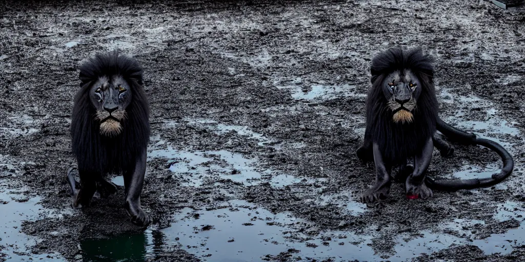 Image similar to the smooth black lion pack, made of smooth black goo, bathing in the black goo moat in the zoo exhibit, viscous, sticky, full of black goo, covered with black goo, splattered black goo, dripping black goo, dripping goo, splattered goo, sticky black goo. photography, dslr, reflections, black goo, zoo, exhibit