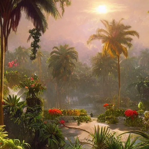 Image similar to a highly detailed matte painting of a garden hedge with tropical flowers, large palm trees, epic fantasy, god rays, ultrawide lens, aerial photography, unreal engine, exquisite detail, 8 k, art by albert bierstadt and alphonse mucha