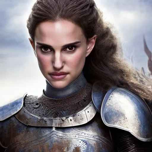 Prompt: head and shoulders portrait of a female knight, young natalie portman, armored, circlet, game of thrones, eldritch, by artgerm, alphonse mucha, silken hair, etched breastplate, sharp focus, high key lighting, vogue fashion photo