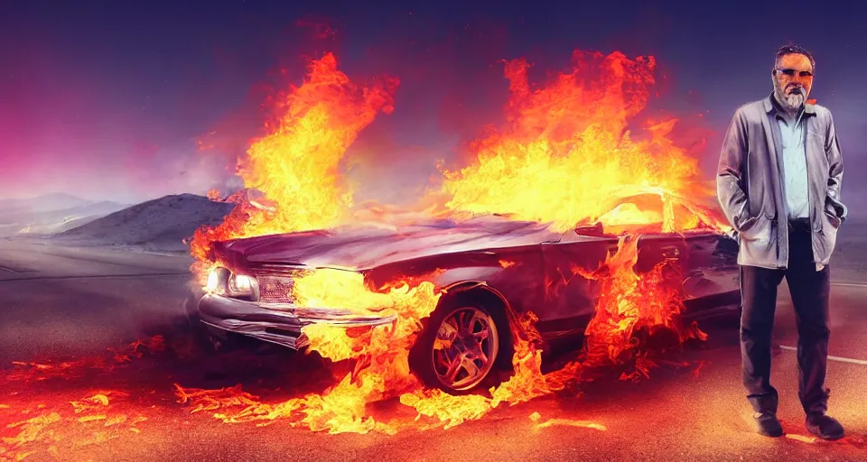 Image similar to 45 year old man with few grey hair standing besides a car in flames in a desert, purple color-theme, cinematic, science-fiction art wallpaper, stunning digital art