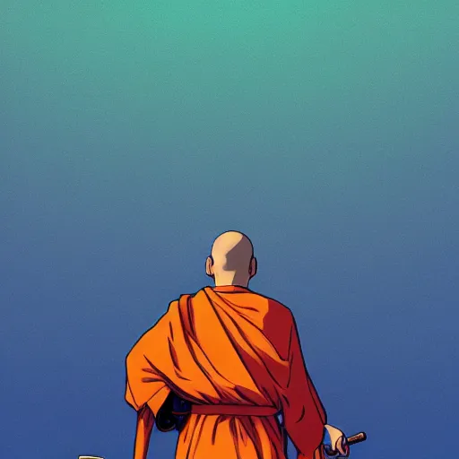 Prompt: portrait of the back of a monk with a mace, standing in front of a solid color background, Borderlands and by Feng Zhu and Loish and Laurie Greasley, Victo Ngai, Andreas Rocha, John Harris