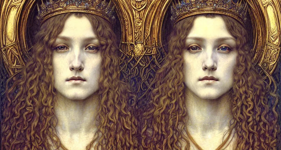 Image similar to detailed realistic beautiful young medieval queen face portrait by jean delville, gustave dore and marco mazzoni, art nouveau, symbolist, visionary, gothic, pre - raphaelite. horizontal symmetry