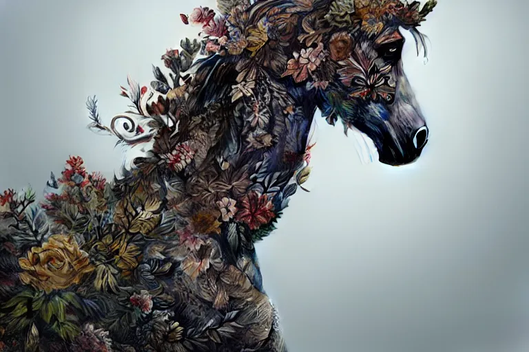 Image similar to a stunning horse made of gnarled wood and plants by sandra chevrier and greg rutkowski, high key lighting, volumetric light, digital art, highly detailed, fine detail, intricate, ornate, complex, octane render, unreal engine, photorealistic