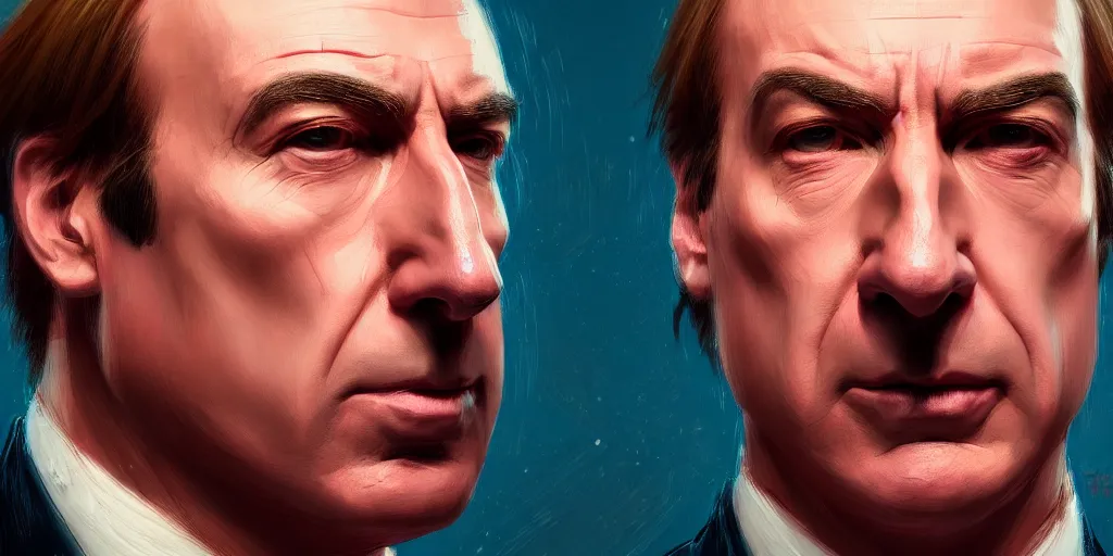 Prompt: ultra detailed facial close up of saul goodman in a lawyer suit, extremely detailed digital painting, in the style of fenghua zhong and ruan jia and jeremy lipking and peter mohrbacher, mystical colors, rim light, beautiful lighting, 8 k, stunning scene, raytracing, octane, trending on artstation