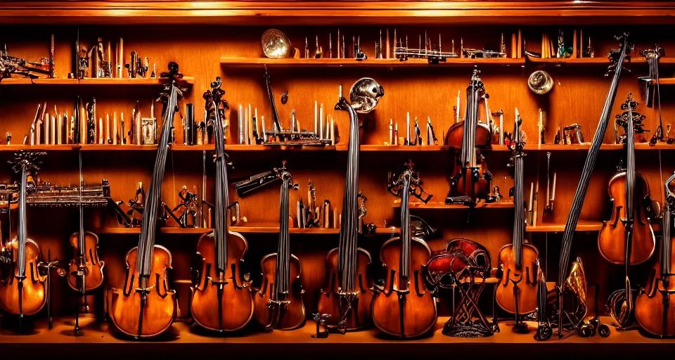 Prompt: a shelf of amazing magical musical instruments, cinematic lighting, detailed, beautiful colors, ornate, by greg rutowski and wlop 4 k