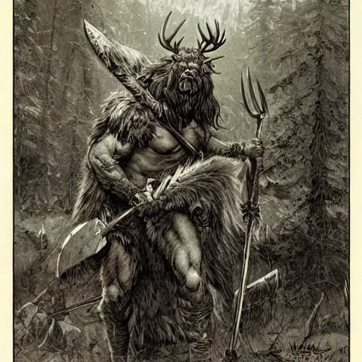 Prompt: hairy barbarian with moose head by wlop and franklin booth