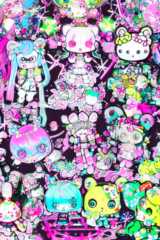 Image similar to cybergoth decora glitchcore yokai girl, sanrio ornaments, pastel cute cinematography