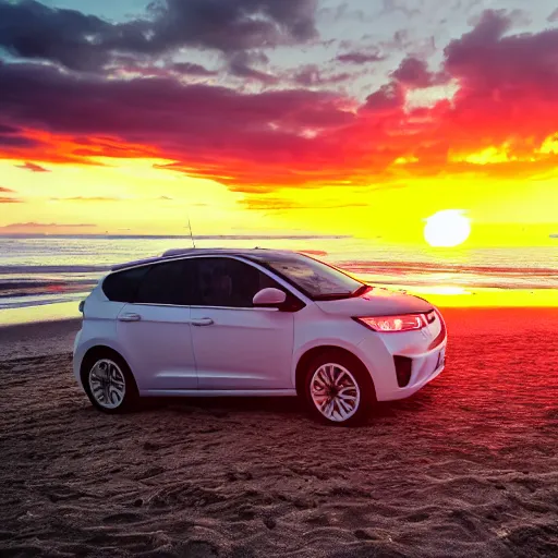 Prompt: a car chilling on the beach, sunset