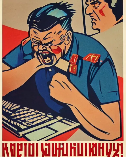 Image similar to soviet propaganda poster of an angry communist developer yelling at his computer