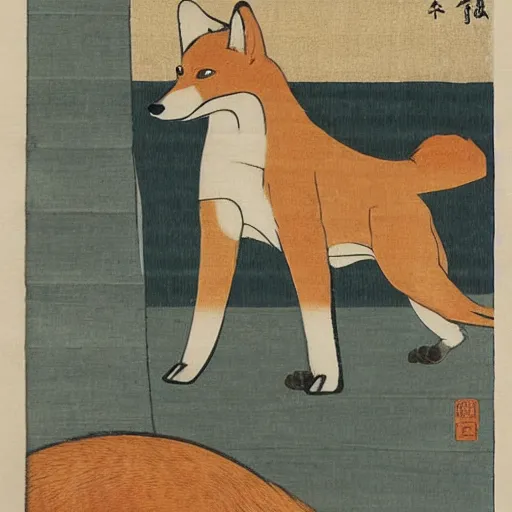 Image similar to Japanese woodblock painting of a foxhound holding a samurai sword