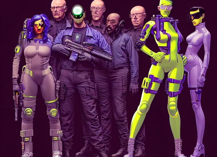 Image similar to cyberpunk hazmat tactical squad. portrait by stonehouse and mœbius and will eisner and gil elvgren and pixar. character design. realistic proportions. cyberpunk 2 0 7 7 character art, blade runner 2 0 4 9 concept art. cel shading. attractive face. thick lines. the team. diverse characters. artstationhq.