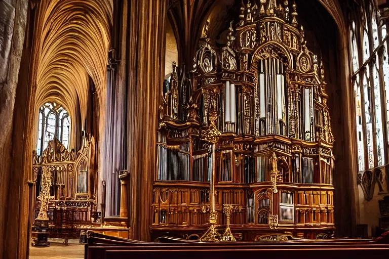 Prompt: photo of a majestic ornate pipe organ inside a cathedral