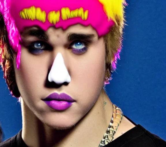 Image similar to color still shot of justin bieber lead singer performing in music group insane clown posse, face closeup