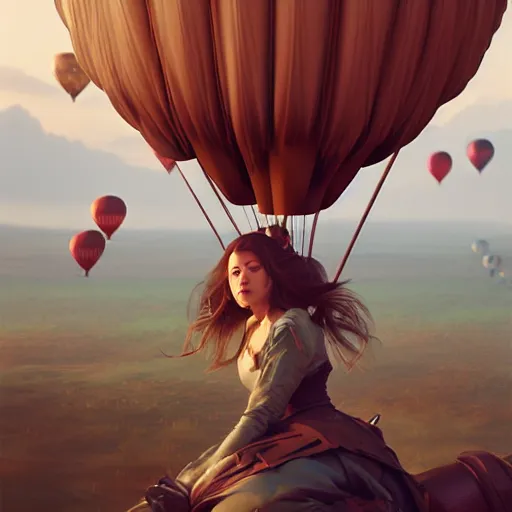 Prompt: hot hair balloons having an air battle with canons, art by artgerm and greg rutkowski and alphonse mucha, concept art, octane render, unreal engine 5, highly detailed, high quality, 8 k, soft lighting, realistic face, path traced