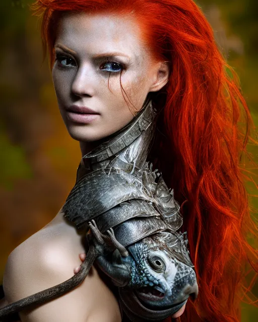 Image similar to 5 5 mm portrait photo of an armored redhead woman with antlers on her head and a an iguana on her shoulder, by luis royo. highly detailed 8 k. intricate. lifelike. soft light. nikon d 8 5 0. cinematic post - processing