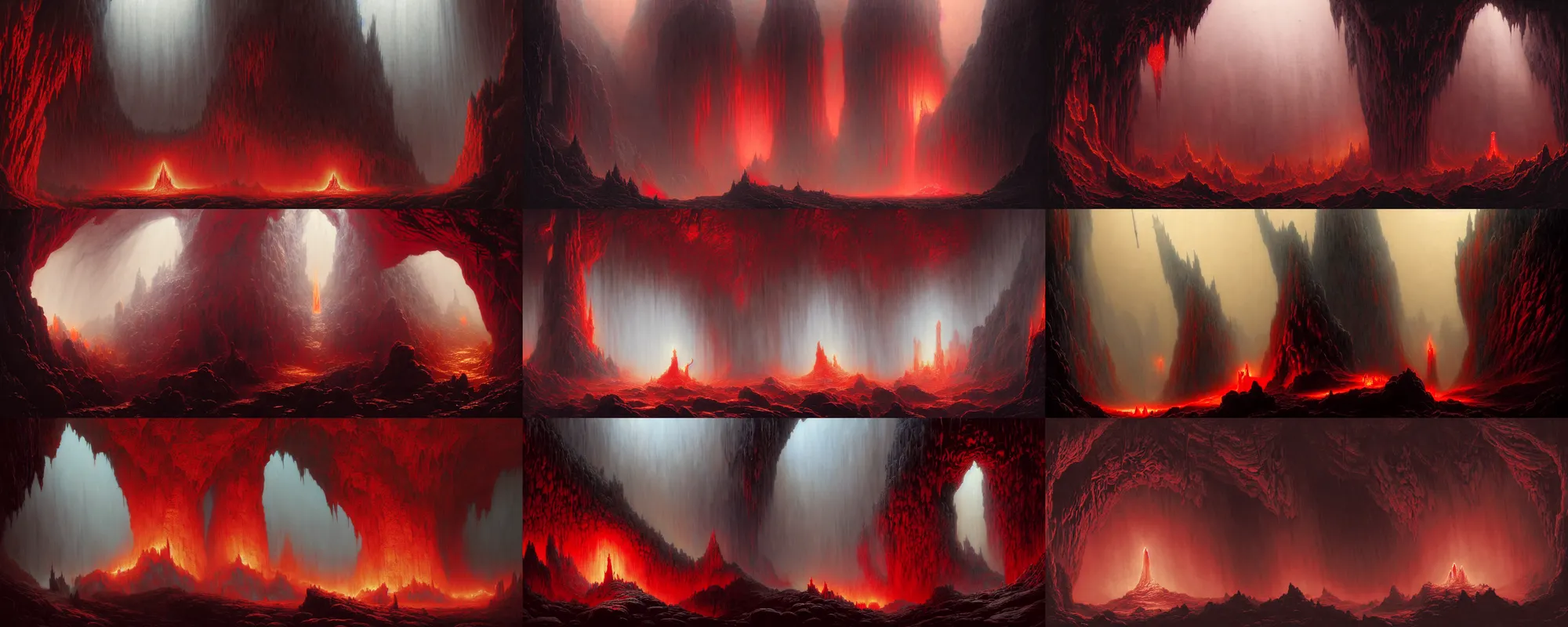 Image similar to a epic concept art by barlowe wayne, gustave dore and greg rutkowski. magma. fantasy cave palace of bad omens. dark red, light grey blue and golden colour scheme. fier in fog!! dante's divine comedy, light effect. a beam of light fell on the stone throne!! 3 d, ultra clear detailed. octane render. 8 k
