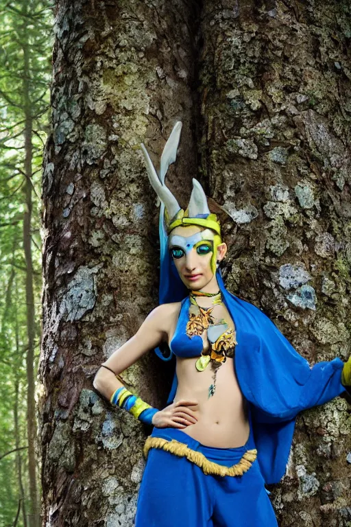 Image similar to a german woman dressed as a blue-skinned female navi from avatar standing in a forest, high resolution film still, 8k, HDR colors, cosplay, outdoor lighting, high resolution photograph, photo by bruce weber