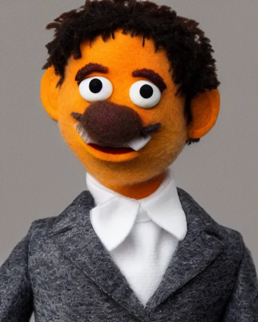 Image similar to oscar from the office as a muppet. highly detailed felt. hyper real photo. 4 k.