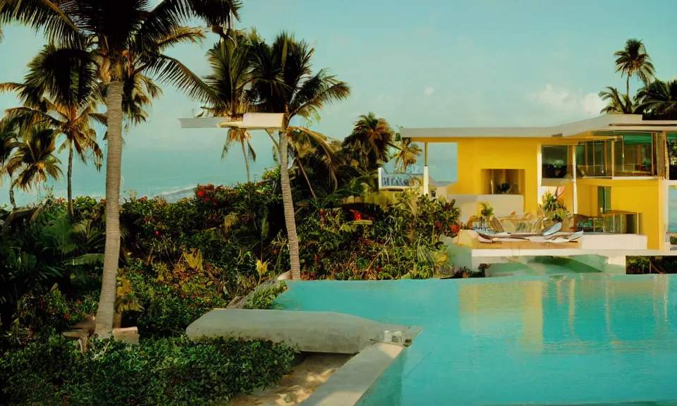 Image similar to 35mm film still, morning light over futuristic low-Fi villa on the beach at a tropical island, vivid , color palette of gold, infinity pool in front of house