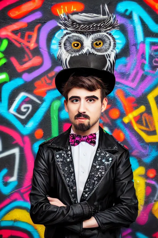 Prompt: one gentleman owl with black biker jacket, portrait photo, wall with colorful graffiti, studio photo, suit, bow tie, tophat, tophat, volumetric lighting