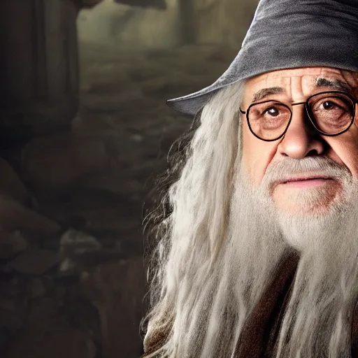 Prompt: movie still of danny devito starring as gandalf in the 2 0 2 6 lord of the rings movie, with hat, full body