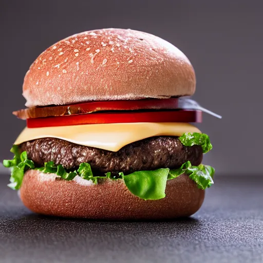 Prompt: Stone Hamburger. Hambuger is made completely from rocks. Product Photography, Studio Lighting. Canon 85mm f1.8.