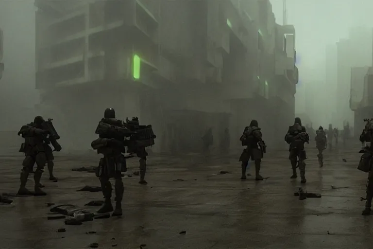 Prompt: vfx film, blade runner 2 0 4 9 futuristic soldiers shoot at enemy robots futuristic war, battlefield, war zone, shootout, dilapidated city ruins, running, shooting, explosion, battlefront, leaping, flat color profile low - key lighting award winning photography arri alexa cinematography, big crowd, hyper real photorealistic cinematic beautiful, atmospheric cool colorgrade