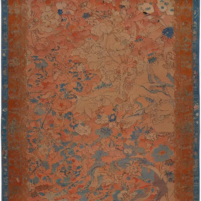 Prompt: A Persian carpet with Japanese ukiyo-e patterns and soft colors laid flat.