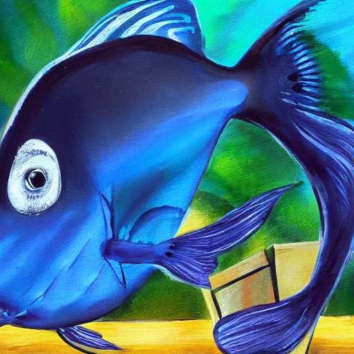 Image similar to dark blue beta fish swimming in a fish tank oil painting