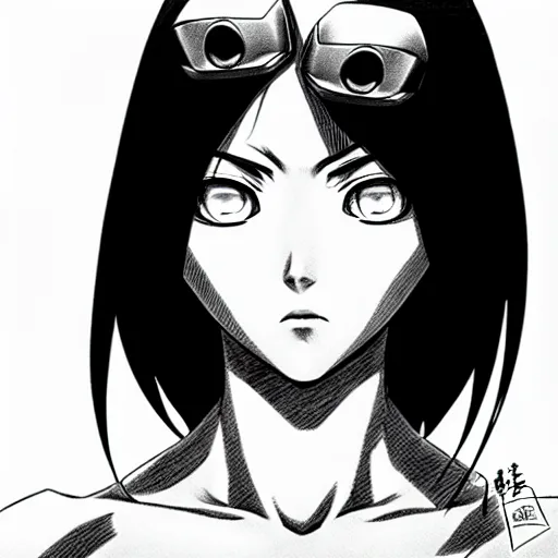 Image similar to alita by yukito kishiro. medium shot. black and white manga. pencil drawing. high detailed face