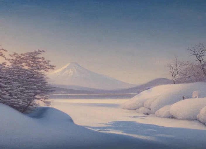 Image similar to hokkaido in winter, japan in the style of hudson river school of art, oil on canvas