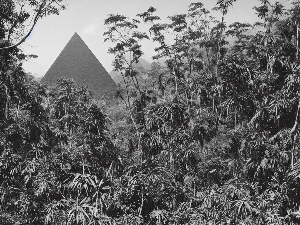 Prompt: old photo of black pyramid in a jungle, 2022