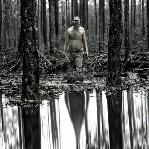 Prompt: a swamp monster in a wooded bog, cinematic, wildlife photography, moody lighting