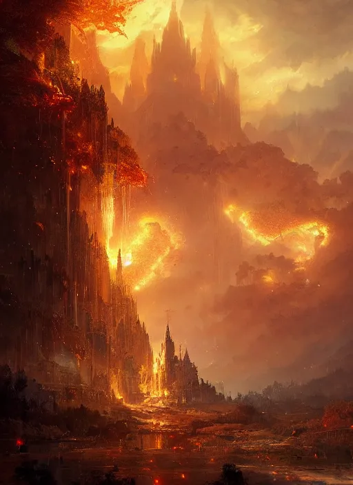 Image similar to a fantasy golden city smoulders, embers fly, epic atmosphere, by greg rutkowski, nature by asher brown durand, composition by yoshitaka amano