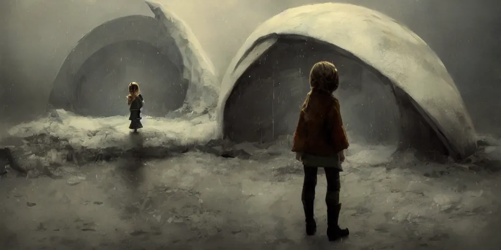 Image similar to young girl back to us in front of an round igloo in the tundra,, mysterious matte painting by ruan jia and craig mullins, trending on artstation