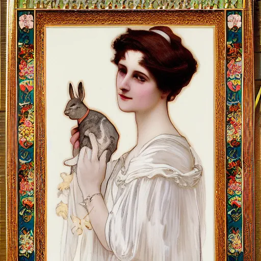 Prompt: an edwardian woman wearing white, holding a rabbit, in the style of mucha