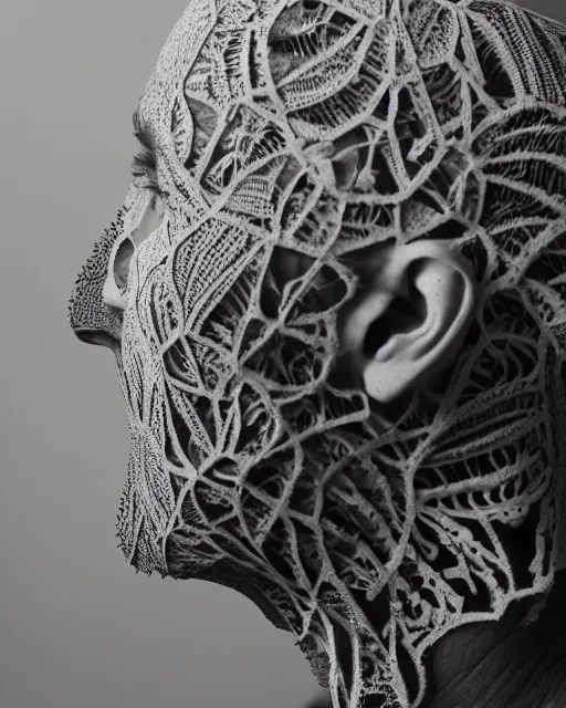 Prompt: a man's face in profile, made of intricate decorative lace leaf skeleton, in the style of the dutch masters and gregory crewdson, dark and moody, depth of field